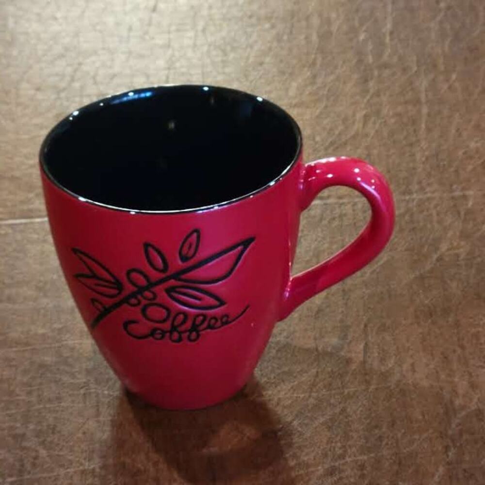 2007 Starbucks Red Black Mug Set Stamped Botanical Coffee Plant Ceramic 12 fl oz